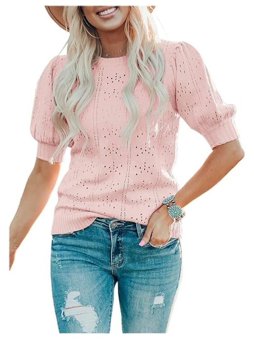 Womens Puff Short Sleeve Sweater Soft Lightweight Knit Pullover Crew Neck Top